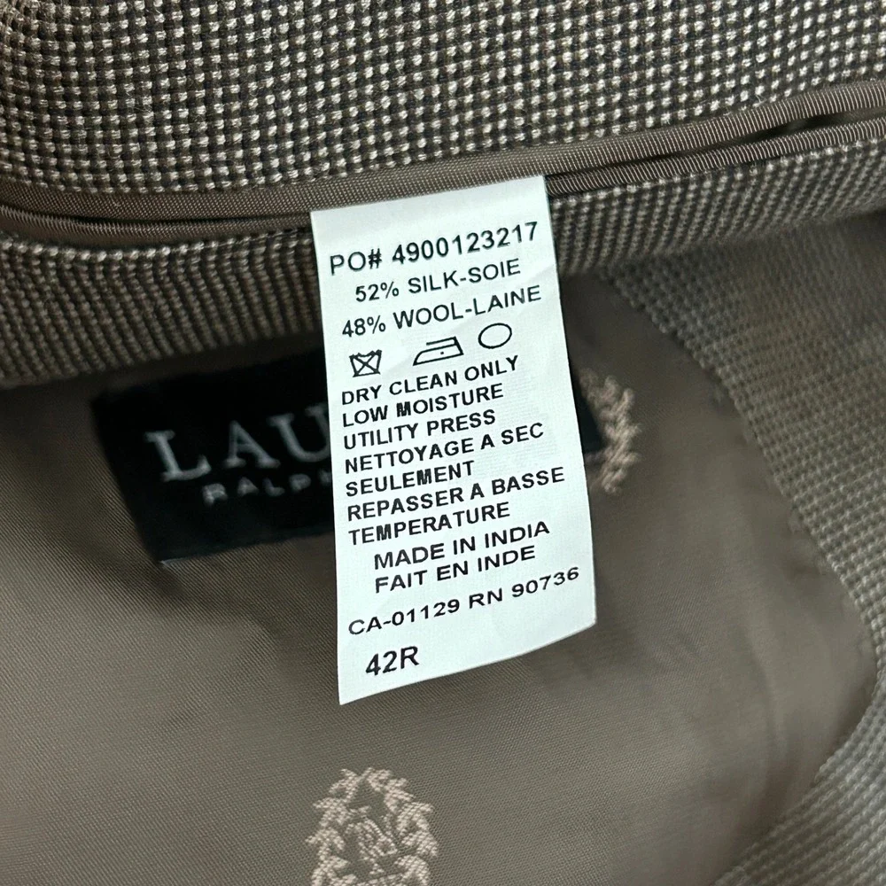 Lauren‎ Ralph Lauren Blazer 42R Brown Silk Wool Houndstooth Sport Coat
